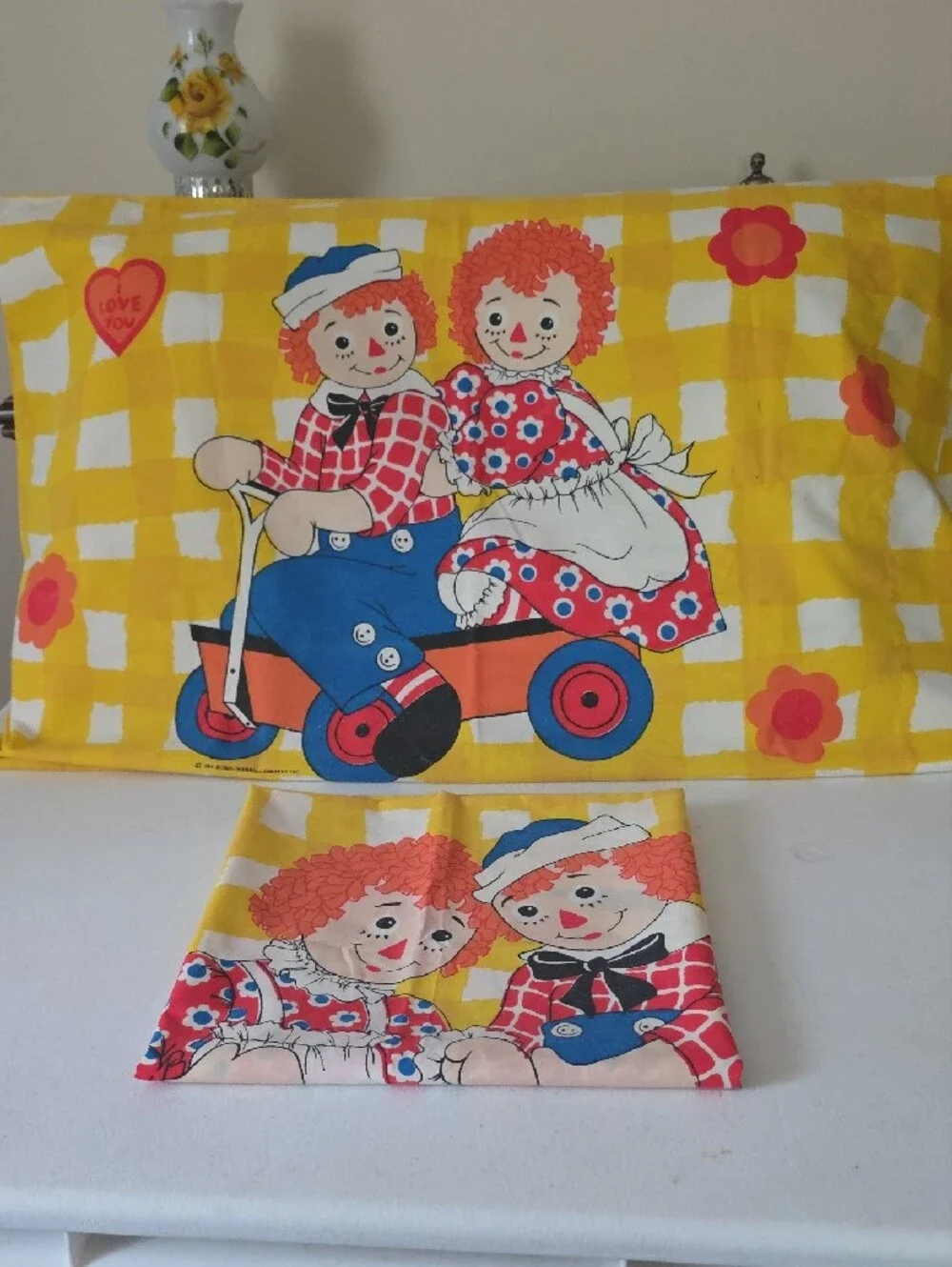 1970s Vintage Yellow Raggedy Dolls Ann and Andy Pillowcase Set Bedding Wasutta